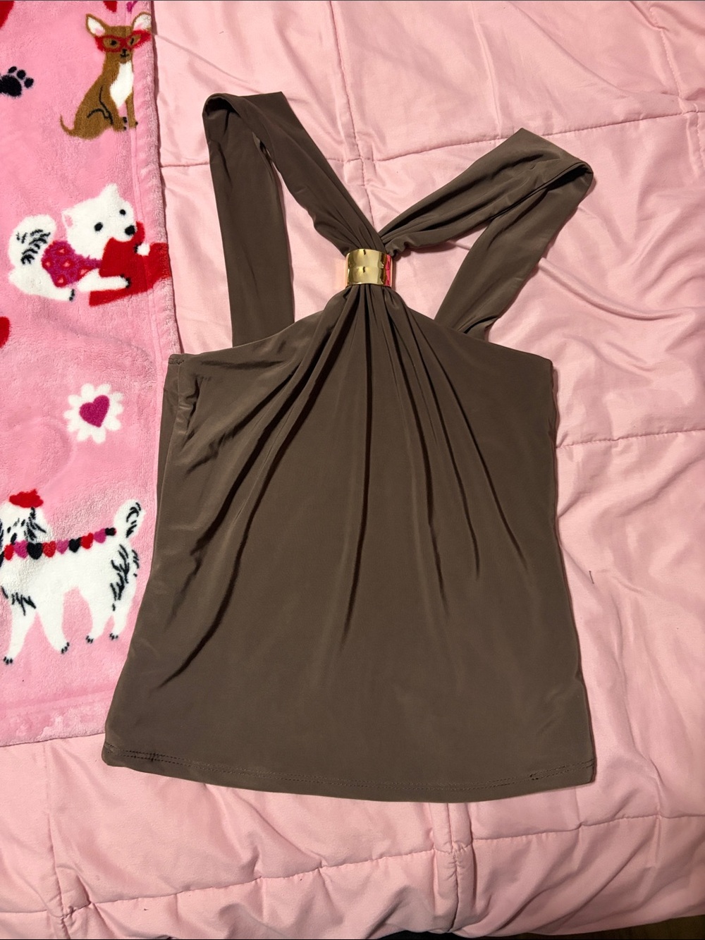 Moa Moa Brown Halter Tank Top with Gold Ring Accent